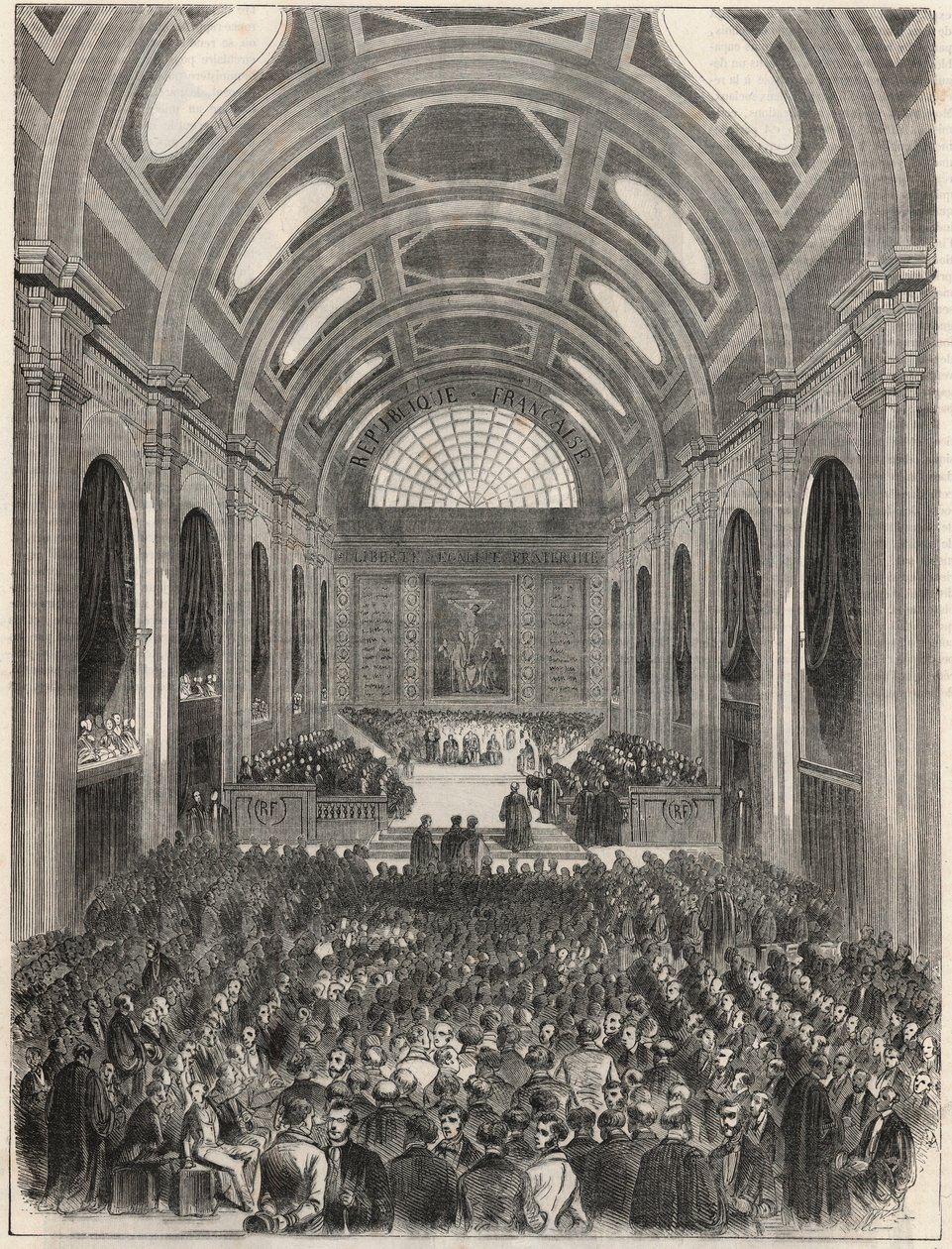 Paris, Palais de Justice - La salle des pas perdus während einer offiziellen Zeremonie - Gravur in „Tableau-de-Paris“ von Edmond Texier 1852 von French School