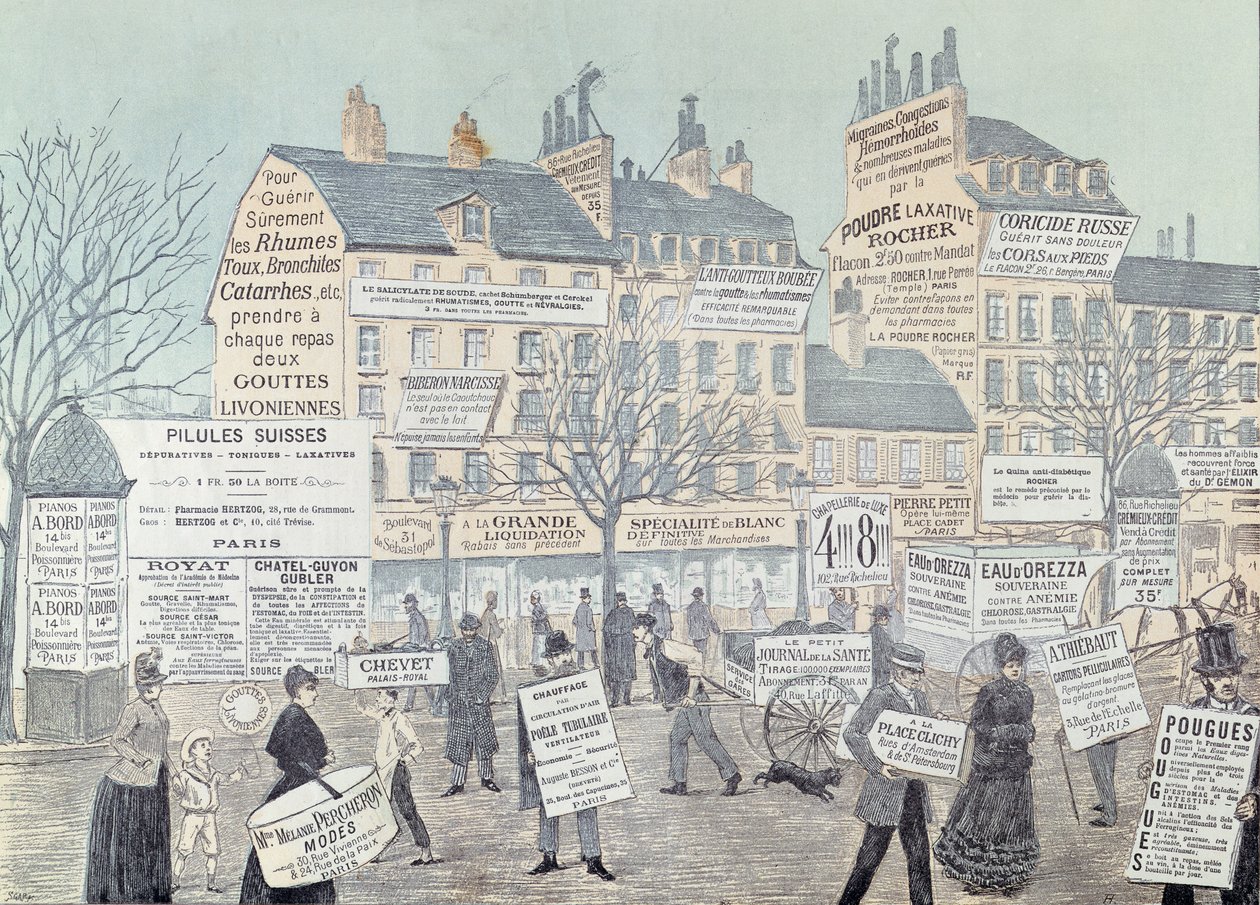Pariser Straßenszene mit vielen Werbungen, hauptsächlich für Medikamente, 1885 von French School