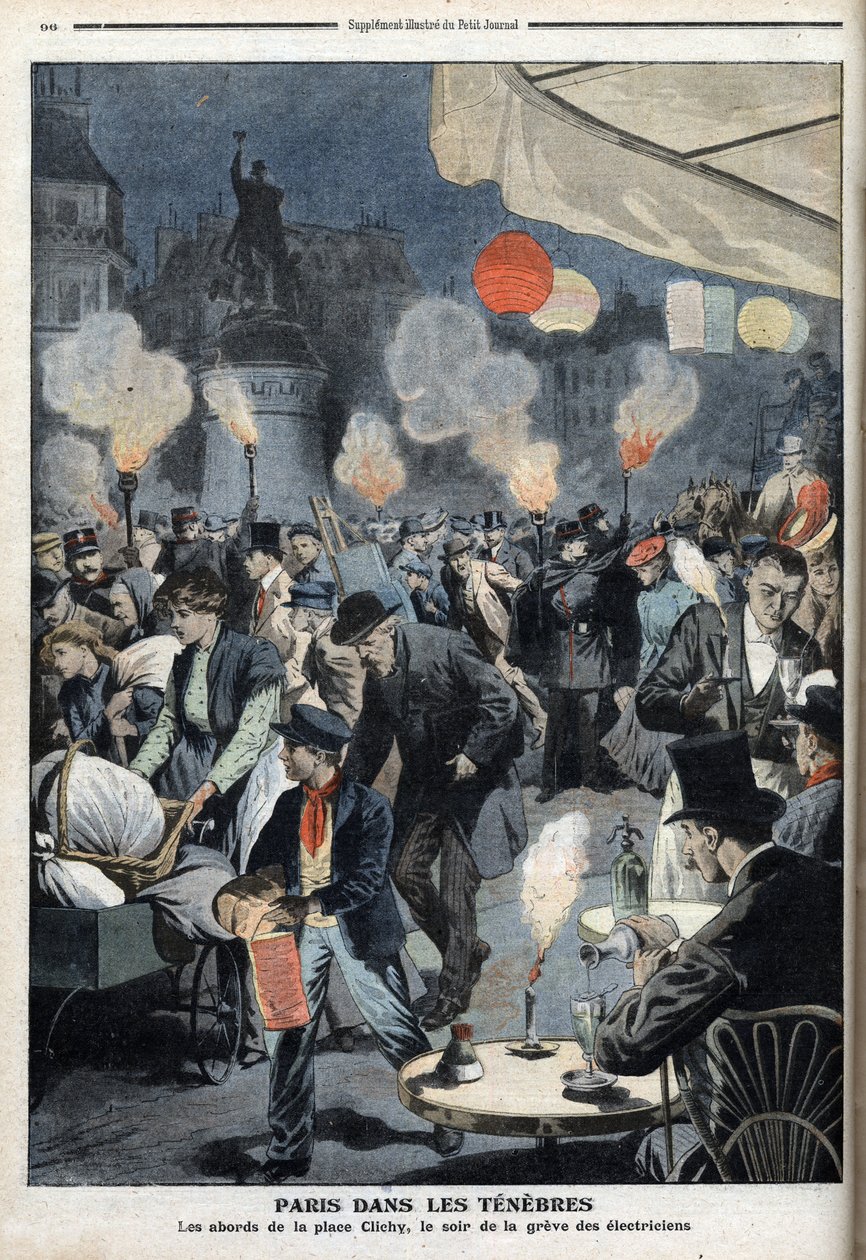 Paris im Dunkeln - Die Umgebung des Place de Clichy, am Abend des Elektrikerstreiks - „Le petit Journal“, März 1907 (Gravur) von French School