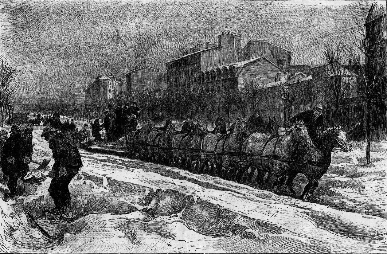 Paris unter dem Schnee, Winter 1879-1880: der Schneepflug des Boulevard Montparnasse. Gravur in „Le Monde Illustré“ Nr. 1188 vom 3. Januar von French School