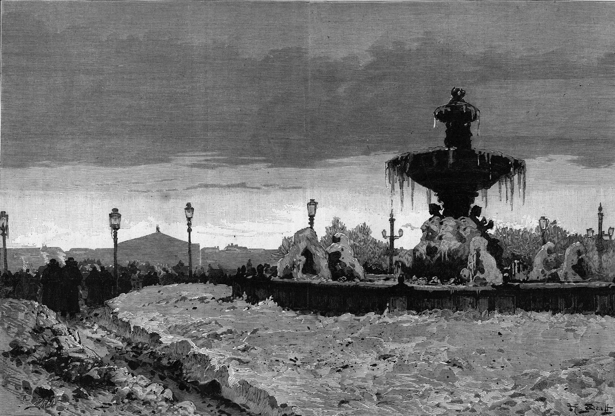 Paris unter dem Schnee, Winter 1879-1880: Ansicht eines der Brunnen auf der Place de la Concorde während des Frosts. Gravur von Scott in 