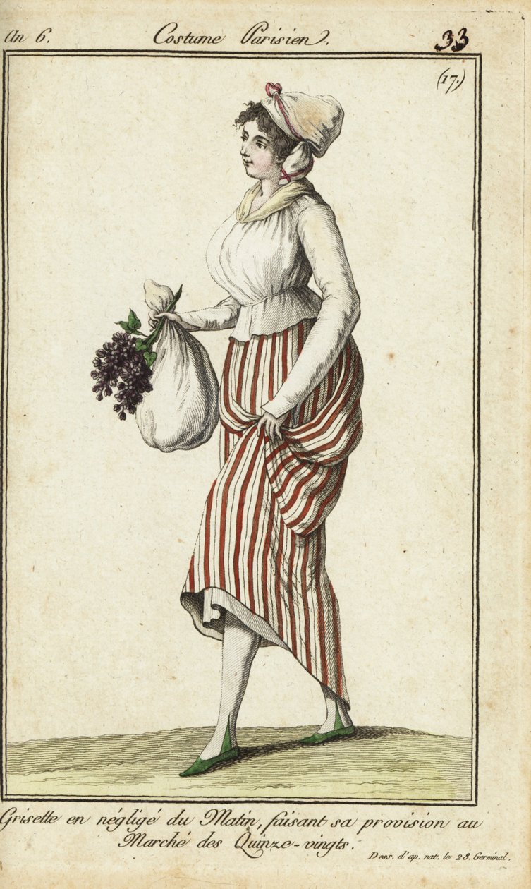 Pariser Ladenmädchen im legeren Morgenkleid, 26. März 1798 (handkolorierte Kupferstichgravur) von French School