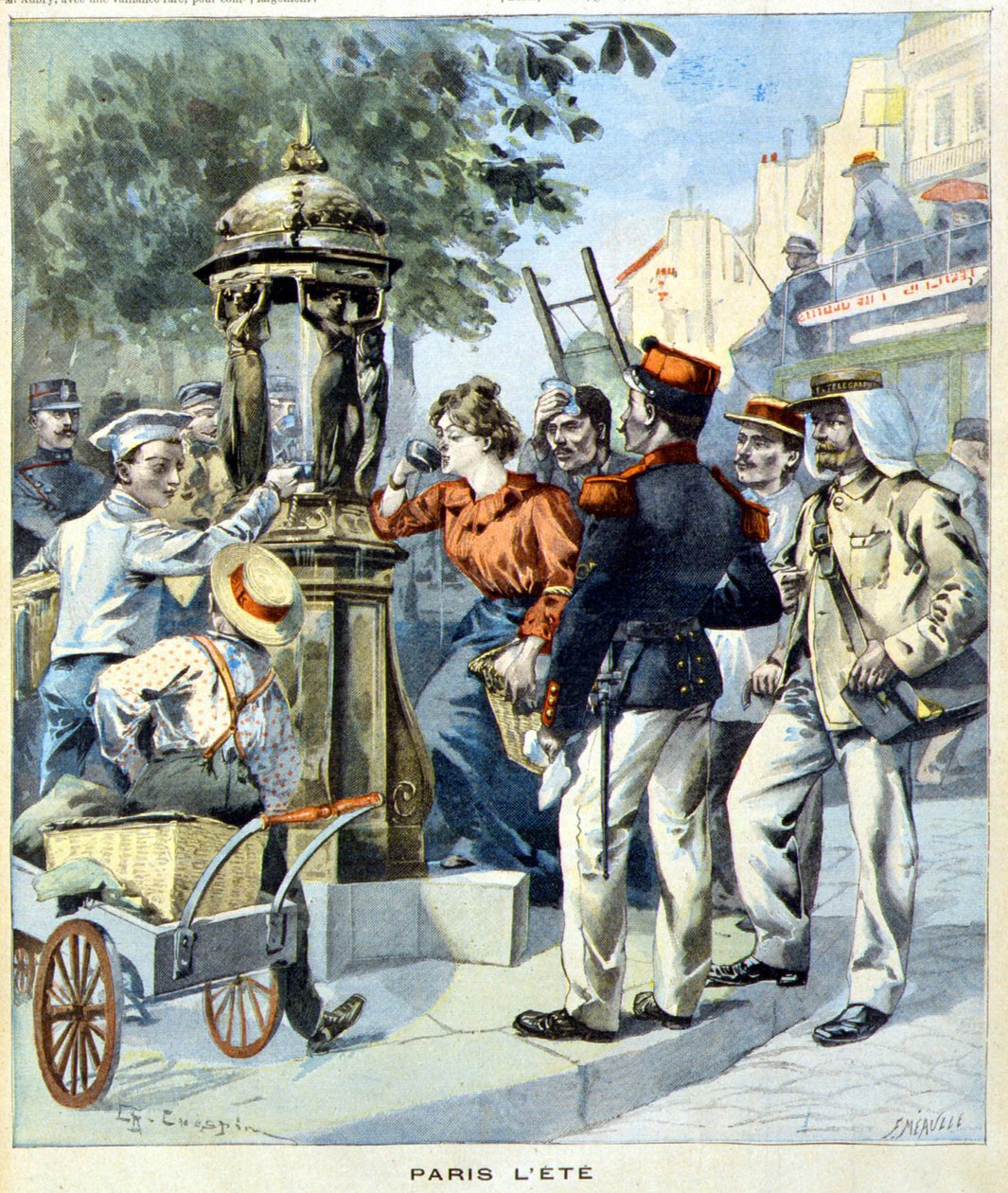 Pariser trinken um einen Wallace-Brunnen - in „Le Petit Journal“ vom 19.08.1900 (Gravur) von French School