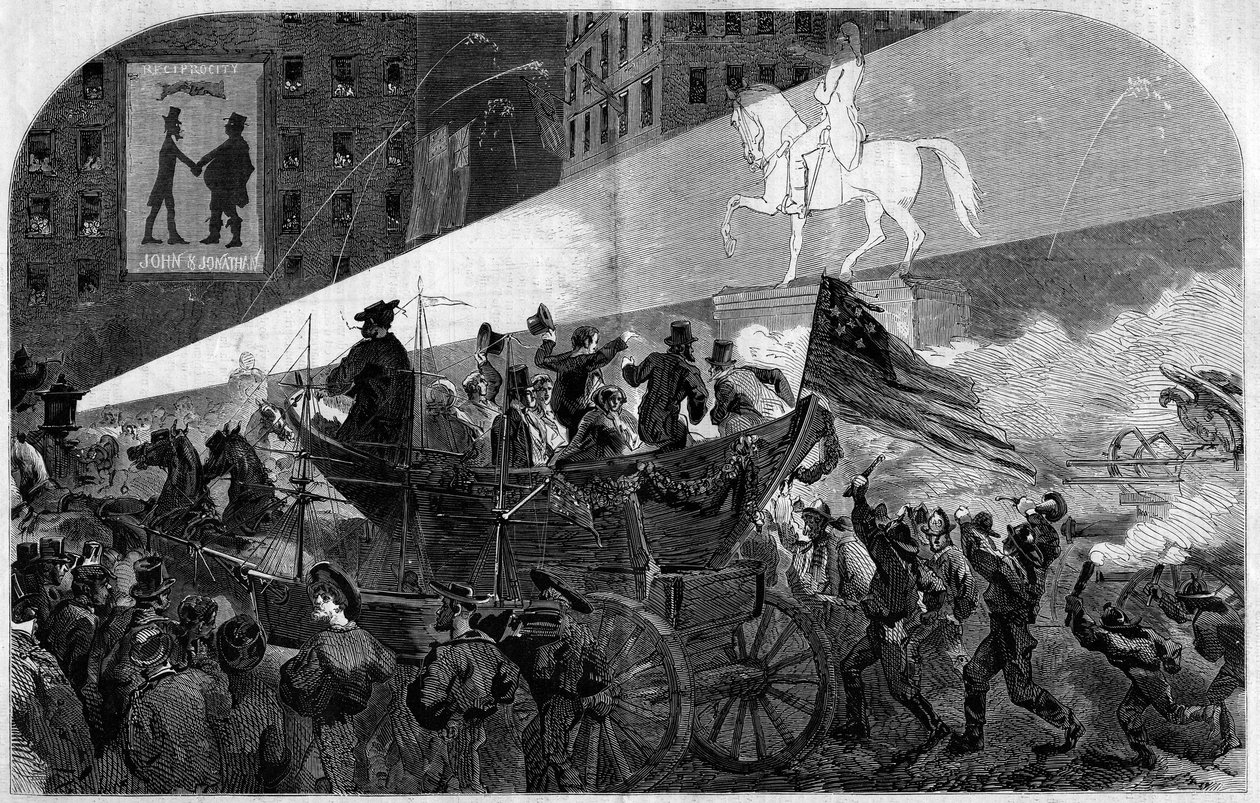 Feier auf den Straßen von New York (New York) zur Feier der Installation des transatlantischen Telegraphenkabels zwischen den Vereinigten Staaten (Vereinigte Staaten) und England im Jahr 1858. Gravur in „Le Monde Illustré“ Nr. 79 vom 16. Oktober 1858. von French School