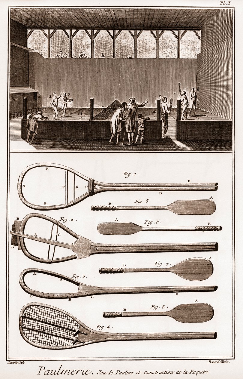 Paulmerie - Jeu de Paume und Bau der Schläger - „Die Große Enzyklopädie, oder Wörterbuch der Wissenschaften, Künste und Berufe“ von Denis Diderot (1713-1784) und Jean d