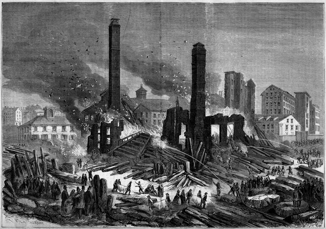 Brand der Pemberton-Mühle in Lawrence, Massachusetts, USA, 10. Januar von French School