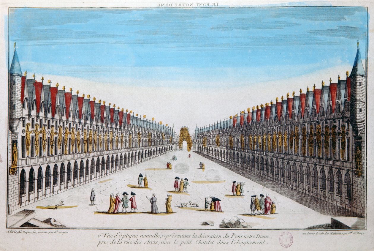 Perspektivische Ansicht der Dekorationen auf der Pont Notre-Dame in Paris von French School