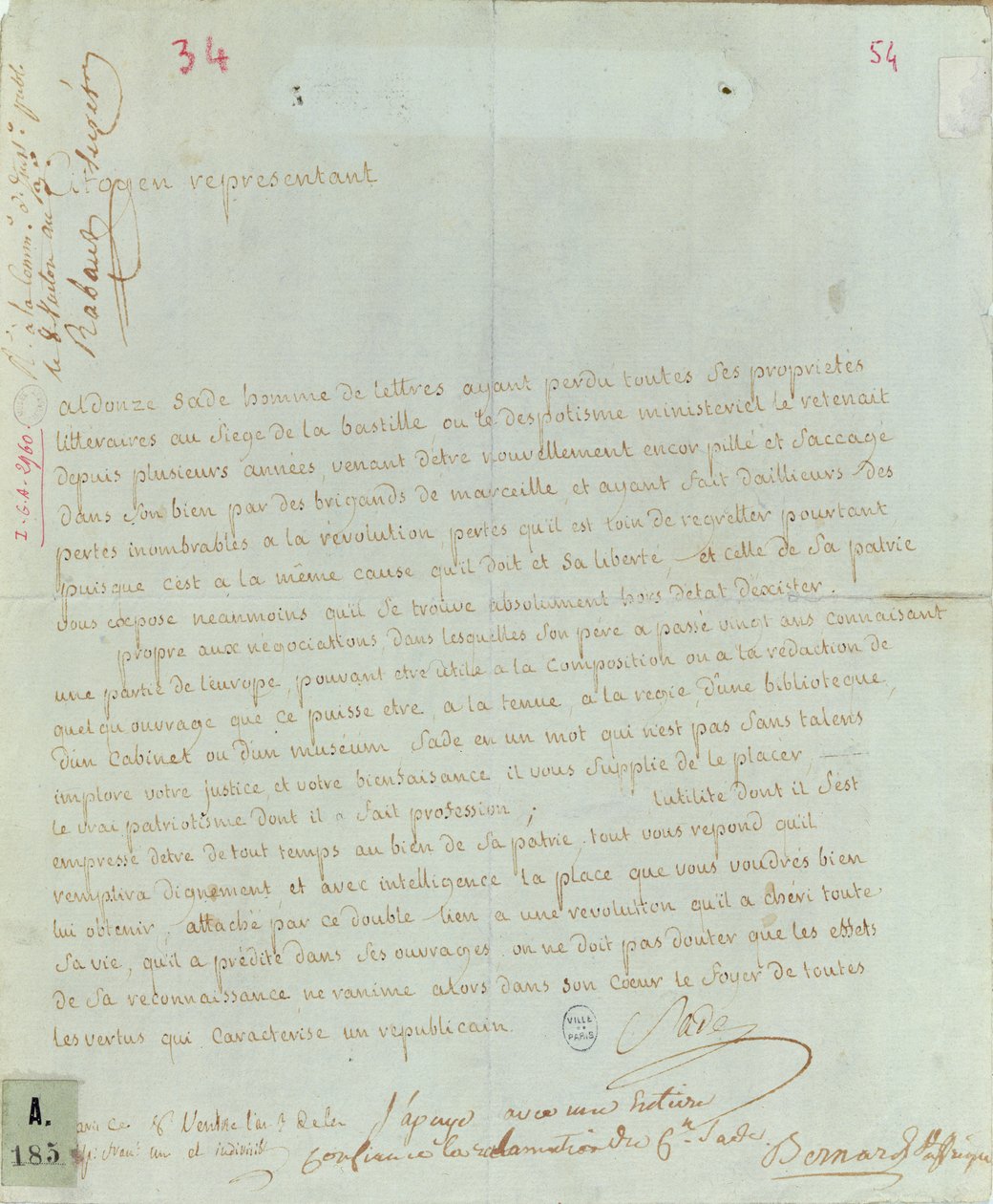 Petition von Aldonze Sade um Anstellung, 1794-95 von French School