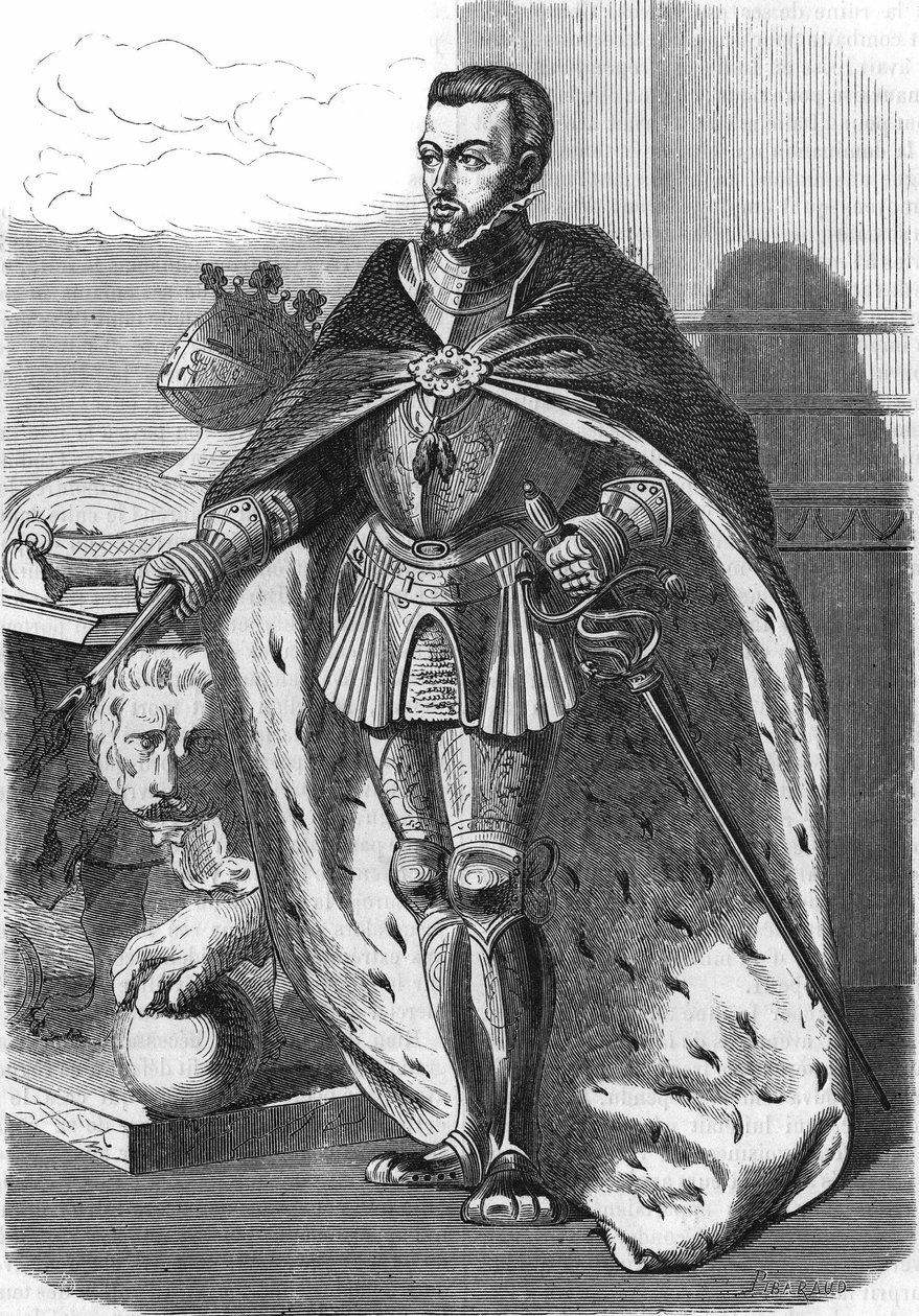 Philipp II. (1527-1598), König von Spanien. In „Histoire Populaire de la France“, ca. 1885. Gravur von French School