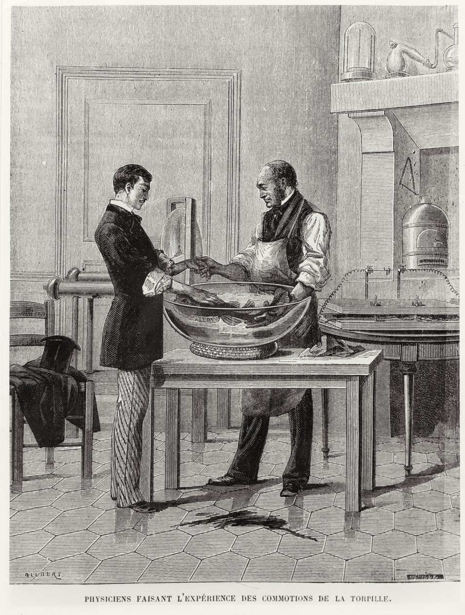 Physiker experimentieren an einem Torpedo, 2. Hälfte des 19. Jahrhunderts von French School