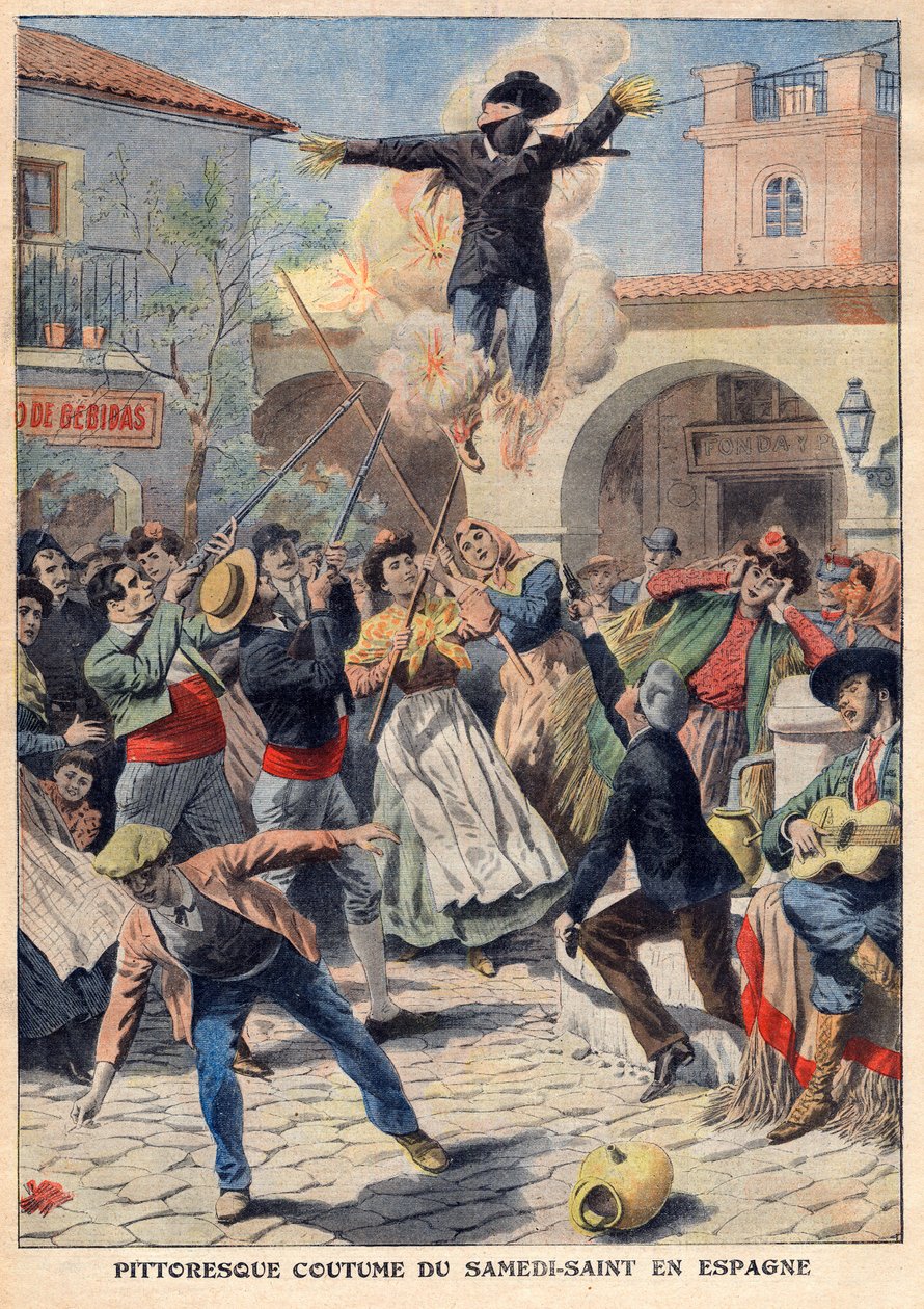 Malerischer Brauch des Karsamstags in Spanien: Die Leute machen eine Weidenpuppe, die in Oriskins (Judas) gekleidet ist, die durch die Straßen getragen, beschimpft, erschossen und verbrannt wird - Illustration aus „Le Petit Journal“ vom 31. März von French School