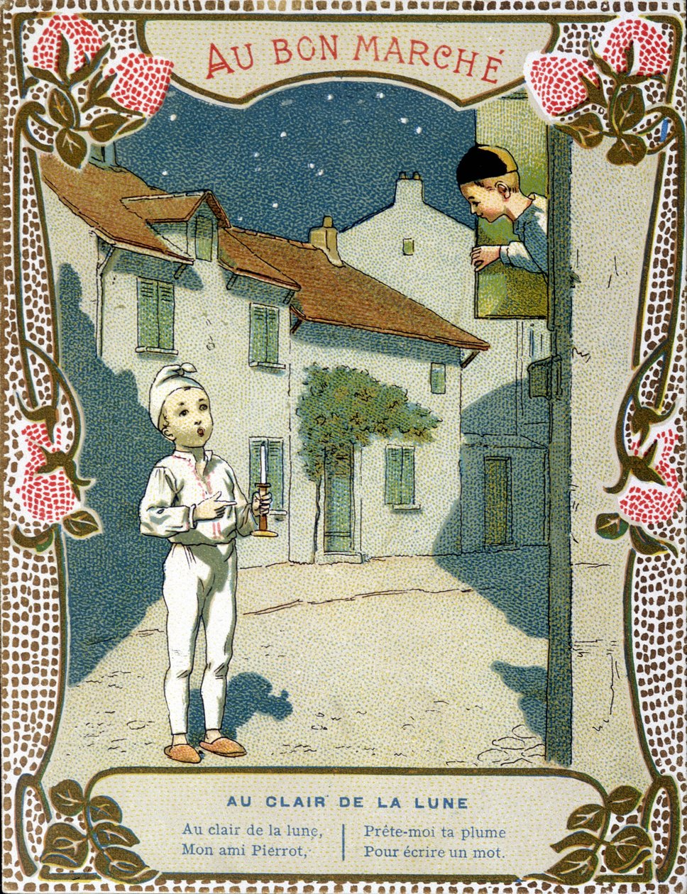 Pierrot mit der Kerze, „Au clair de la lune“ - Etikett von „Le Bon Marché“ von French School