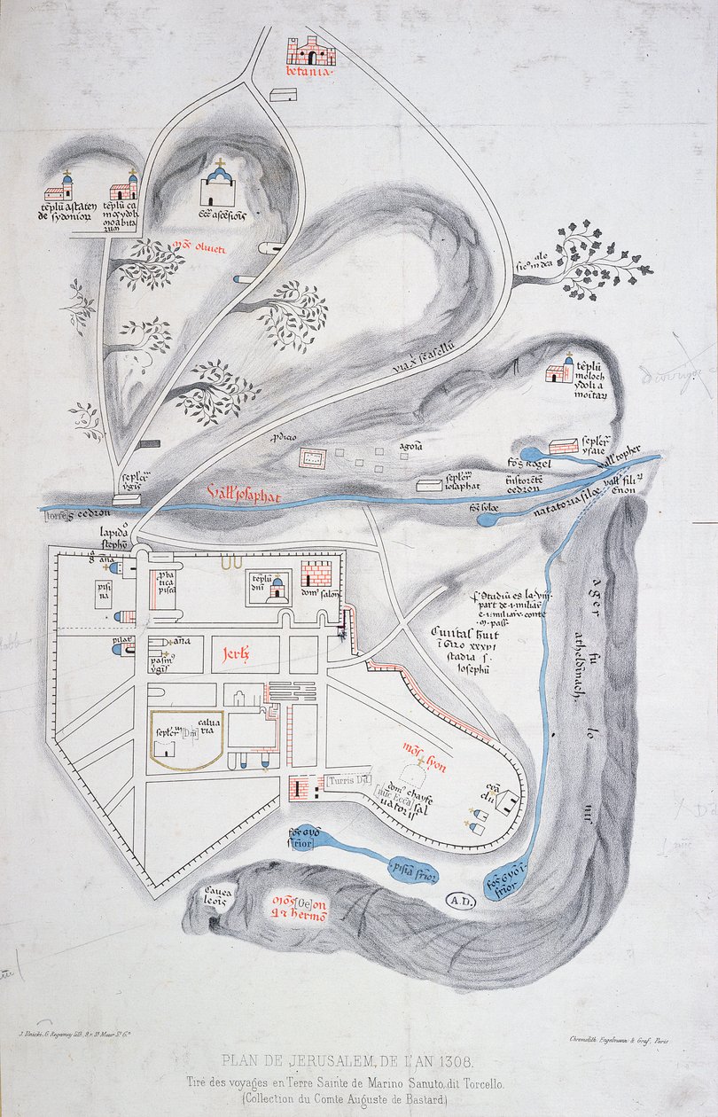 Plan von Jerusalem im Jahr 1308, Illustration aus einer Faksimile-Ausgabe von Liber de Expeditione Terrae Sanctae von Marino Sanuto di Torcello (ca. 1260-1338) von French School