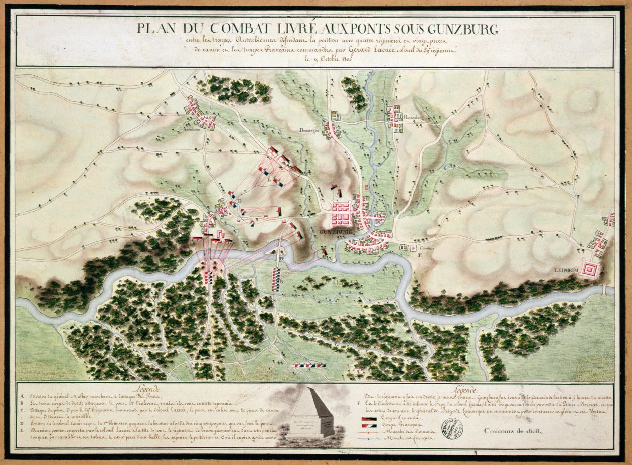 Plan der Ereignisse bei der Schlacht von Günzburg zwischen österreichischen und französischen Truppen im Jahr 1805, 1808 von French School
