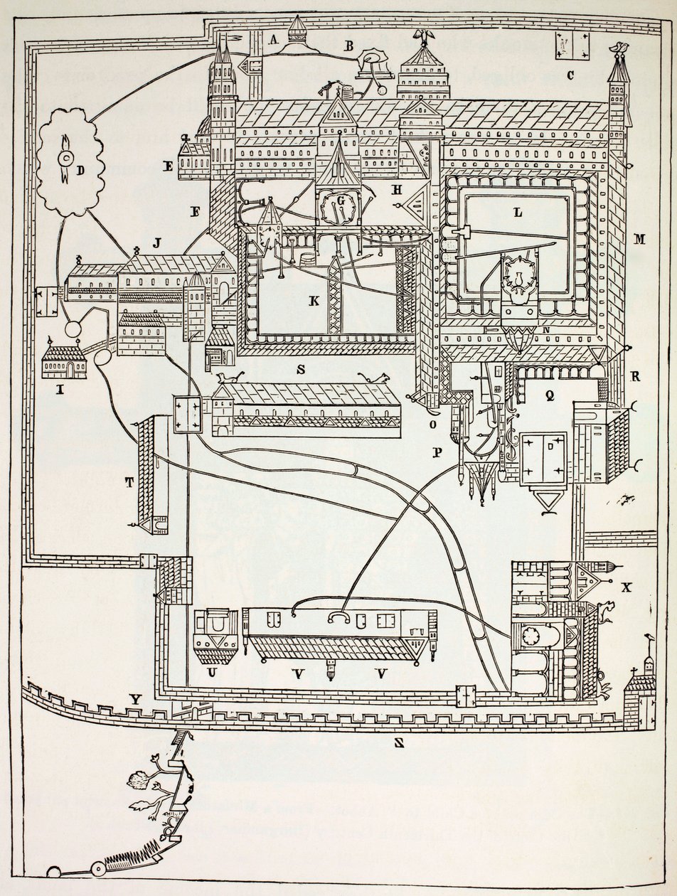 Plan des Benediktinerklosters in Canterbury im 12. Jahrhundert, aus Militär- und Religionsleben im Mittelalter von Paul Lacroix, veröffentlicht in London ca. 1880 von French School