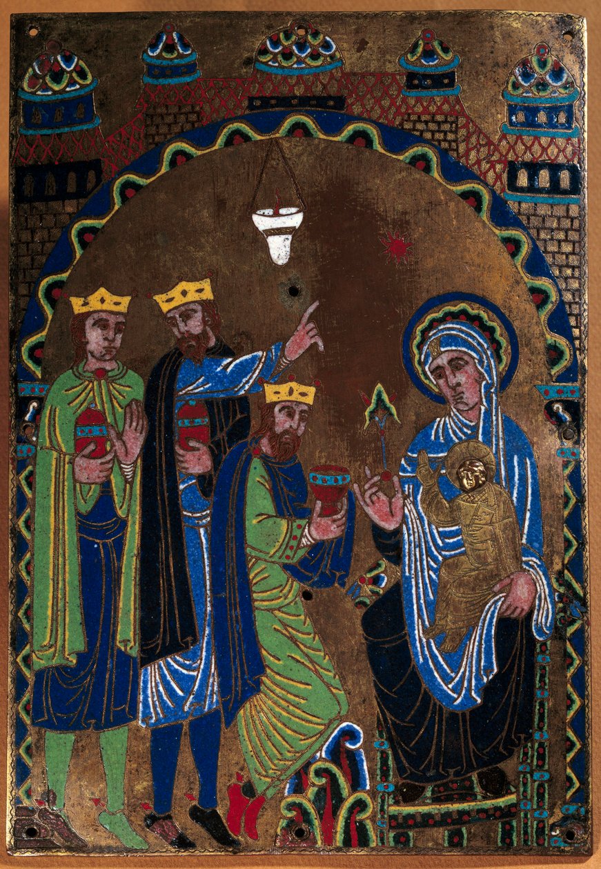 Plakette des Hauptaltars der Abtei von Grandmont: Anbetung der Könige. Vergoldetes und graviertes Email auf Kupfer. 1275-1300. Aus Limoges. Paris, Nationalmuseum des Mittelalters, Thermes de Cluny von French School