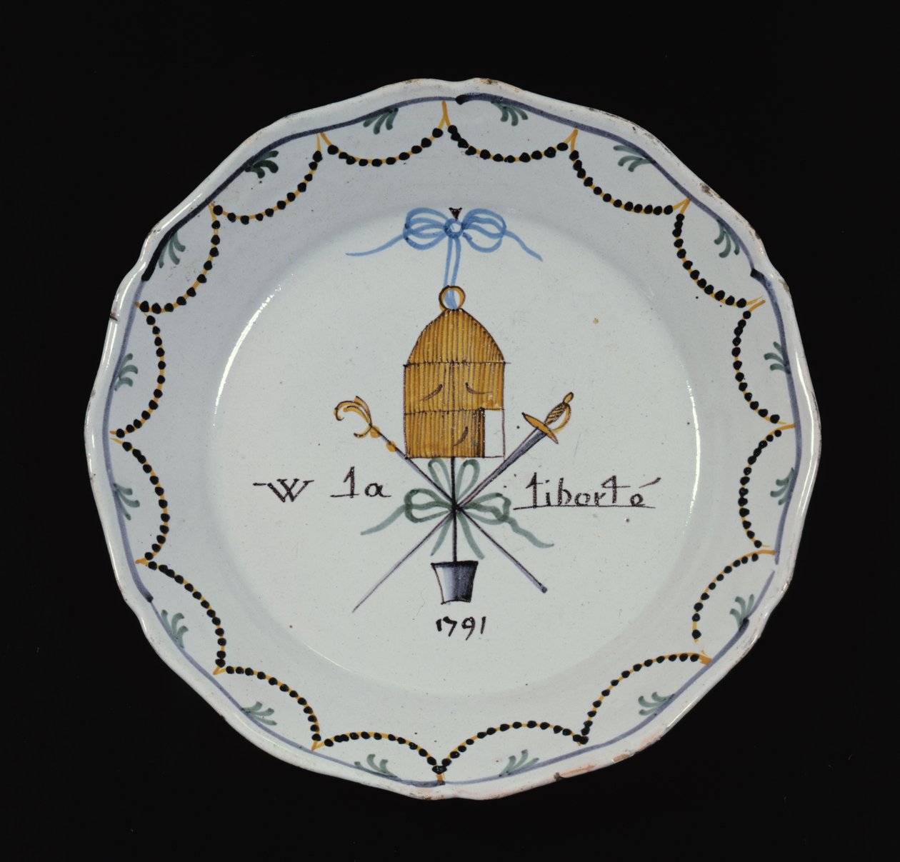 Teller mit offenem Vogelkäfig und der Legende Vive la Liberte, 1791 von French School