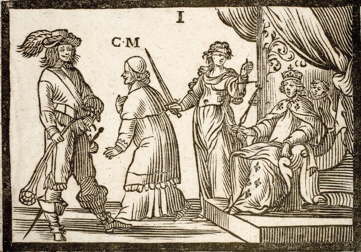 Politische Pamphlete Mazarinade: Mazarin wird von der Justiz und der Fronde verbannt und verlässt den König (Louis XIII). Holzschnitt von 1651. von French School