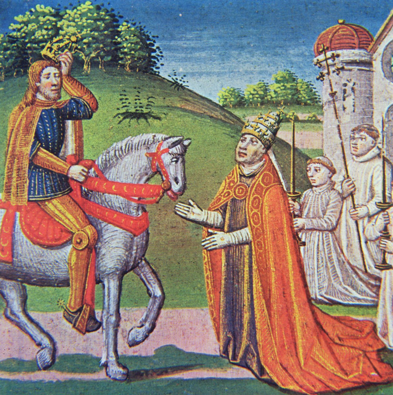 Papst Adrian I. trifft Karl den Großen, Miniatur aus den 