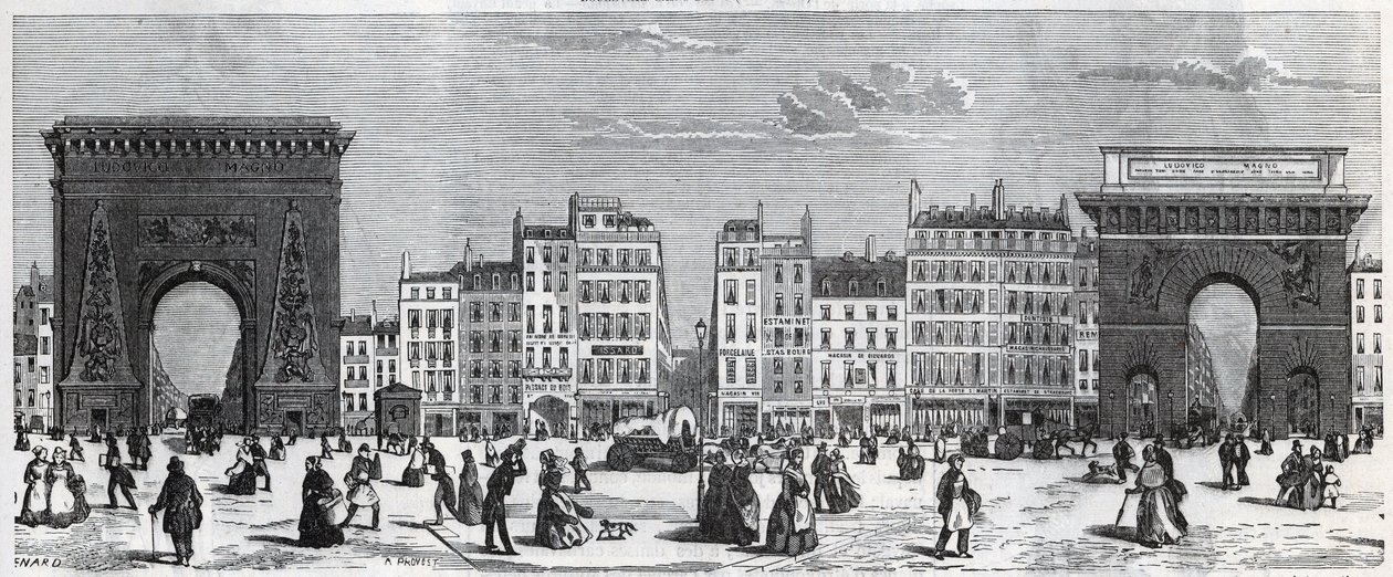 Porte Saint-Denis und Rue Faubourg Saint Denis - Porte Saint Martin und Rue Faubourg Saint-Martin Gravur in „Tableau-de-Paris“ von Edmond Texier (1815-1887) von French School