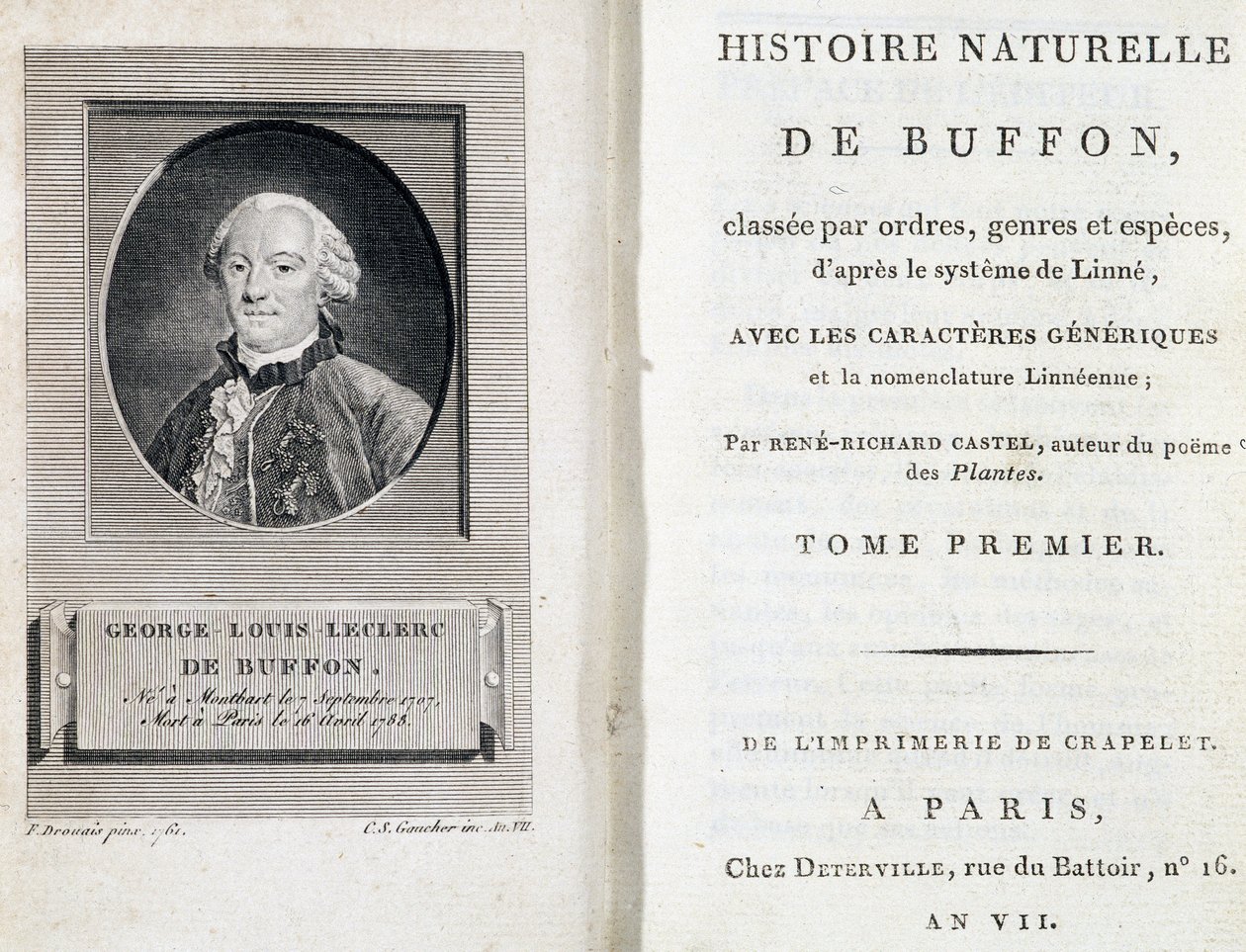 Porträt von Buffon und die Titelseite von „Naturgeschichte von Buffon“ von French School