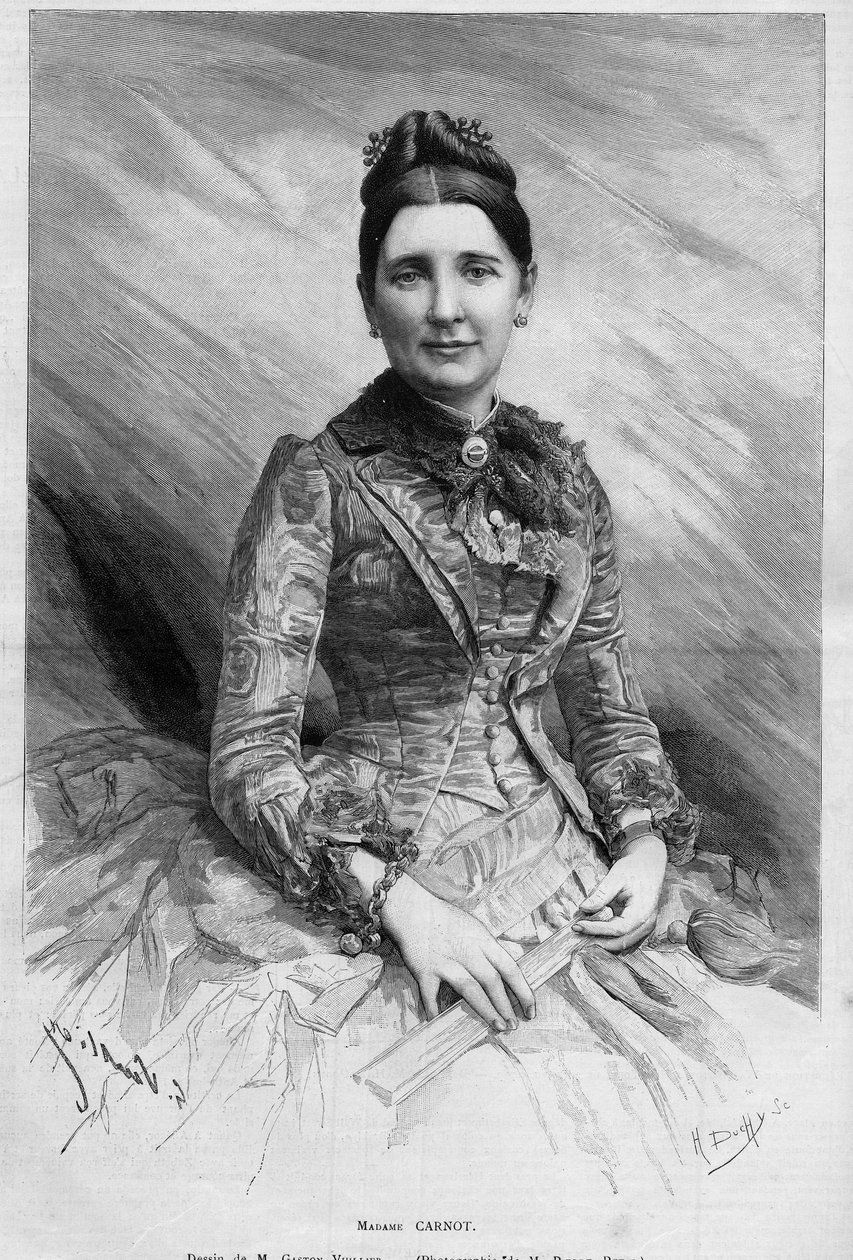 Porträt von Cecile Carnot (geb. Dupont-White oder Dupont White) (1841-1898), Ehefrau von Sadi Carnot, Präsident der Französischen Republik. Gravur in „Le Monde Illustré“ Nr. 1678 vom 25. Mai 1889. von French School