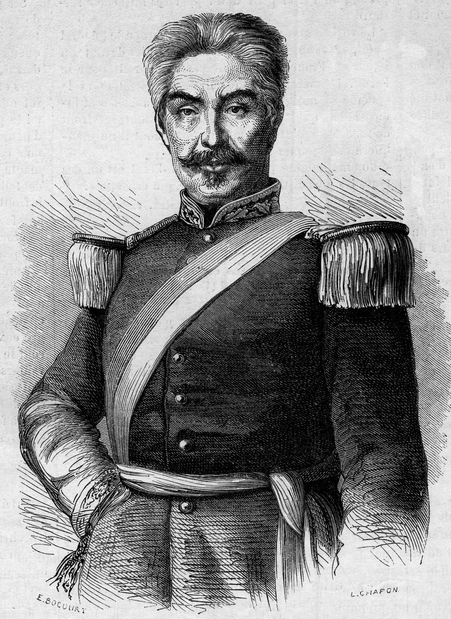 Porträt von Don Miguel San Roman (1803-1863), Präsident von Peru. Gravur in „Le Monde Illustré“ Nr. 320 vom 30. Mai 1863 von French School