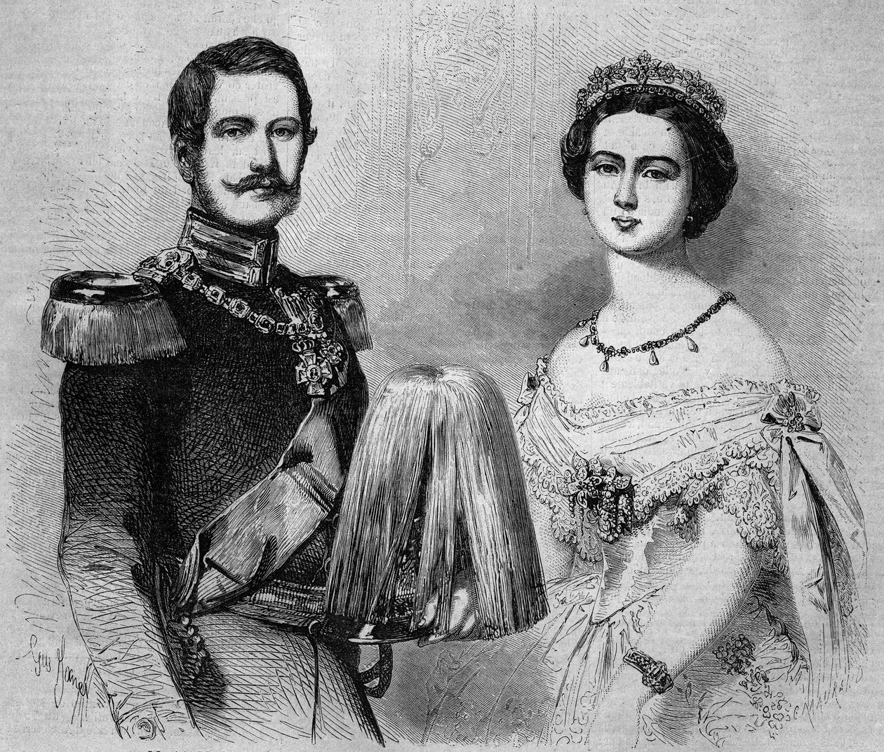 Porträt von Friedrich Wilhelm von Preußen (1831-1888, zukünftiger Friedrich III., König von Preußen und Deutscher Kaiser) und seiner Verlobten, Prinzessin Victoria von England (1840-1901). Gravur in „Le Monde Illustré“ Nr. 41 vom 23. Januar 1858. von French School