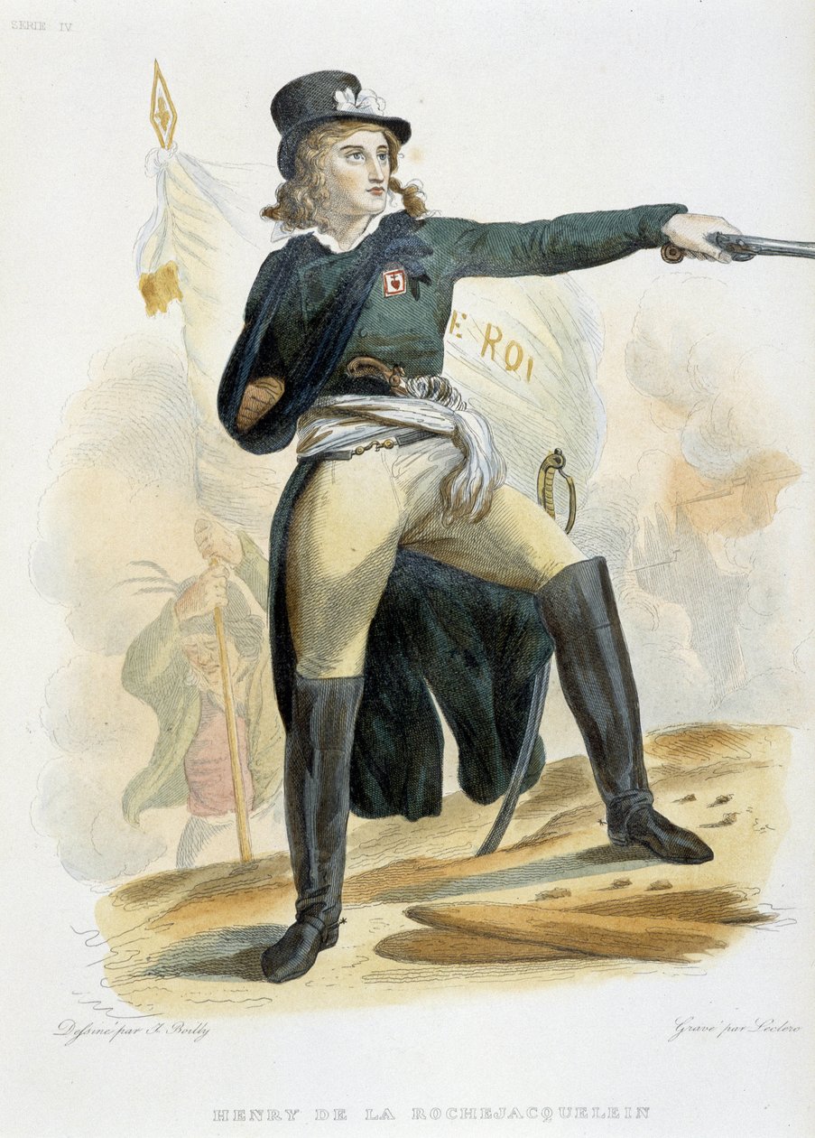 Porträt von Henri du Vergier, Graf von La Rochejaquelein (oder Orchard de La Rochejacquelein) (1772-1794) mit der Flagge „vive le roi“ (auf der Brust das Abzeichen der Vendeens) - in „Le Plutarque Français“ von Mennechet, Bd. 8, 1841 von French School