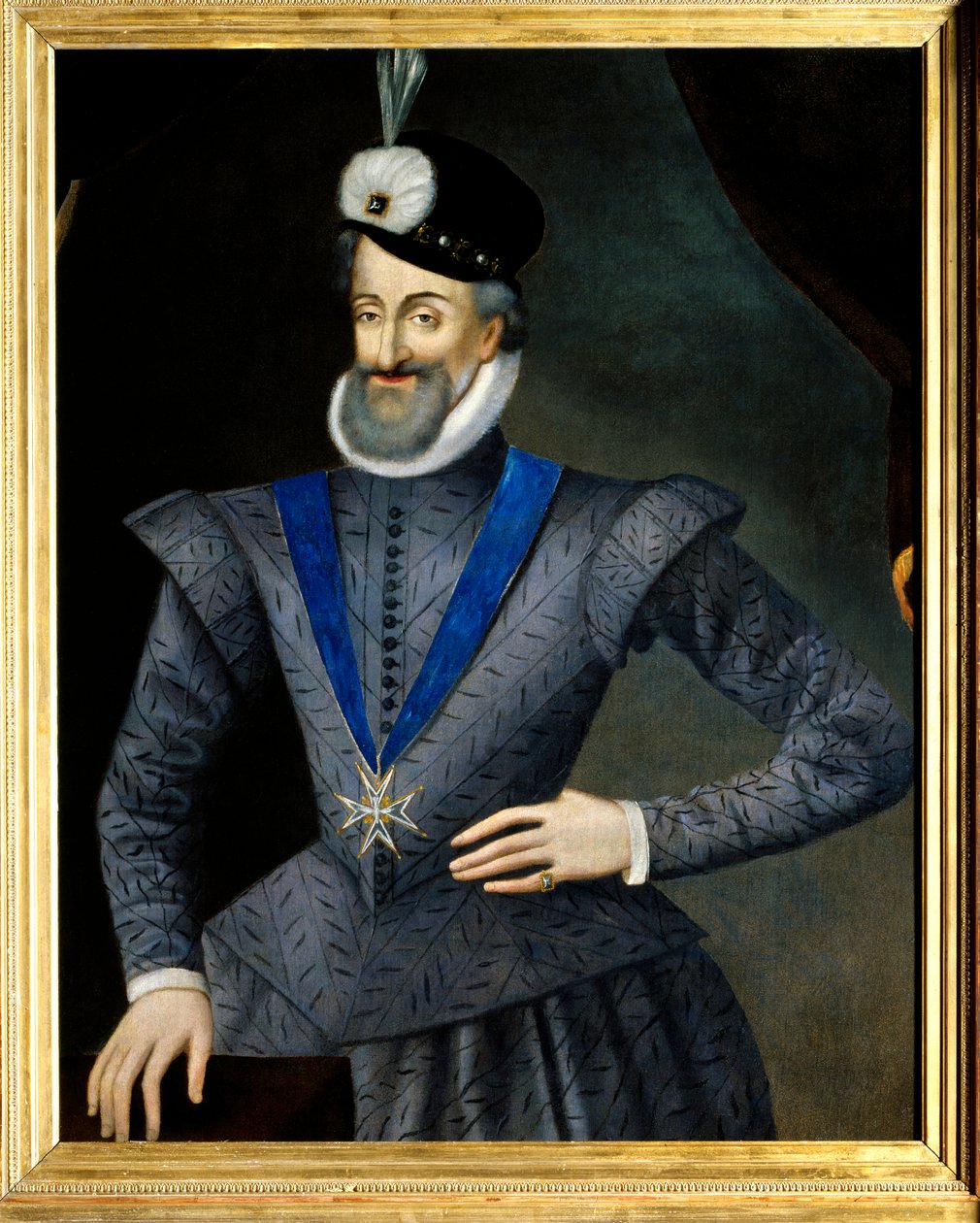 Porträt von Heinrich IV. (1553-1610) König von Frankreich. Er trägt die Halskette des Ordens vom Heiligen Geist. Anonymes französisches Gemälde des 17. Jahrhunderts. Öl auf Leinwand. Dim: 0,95x1,13m. Pflichtangabe: Sully sur Loire, Schloss Sully von French School