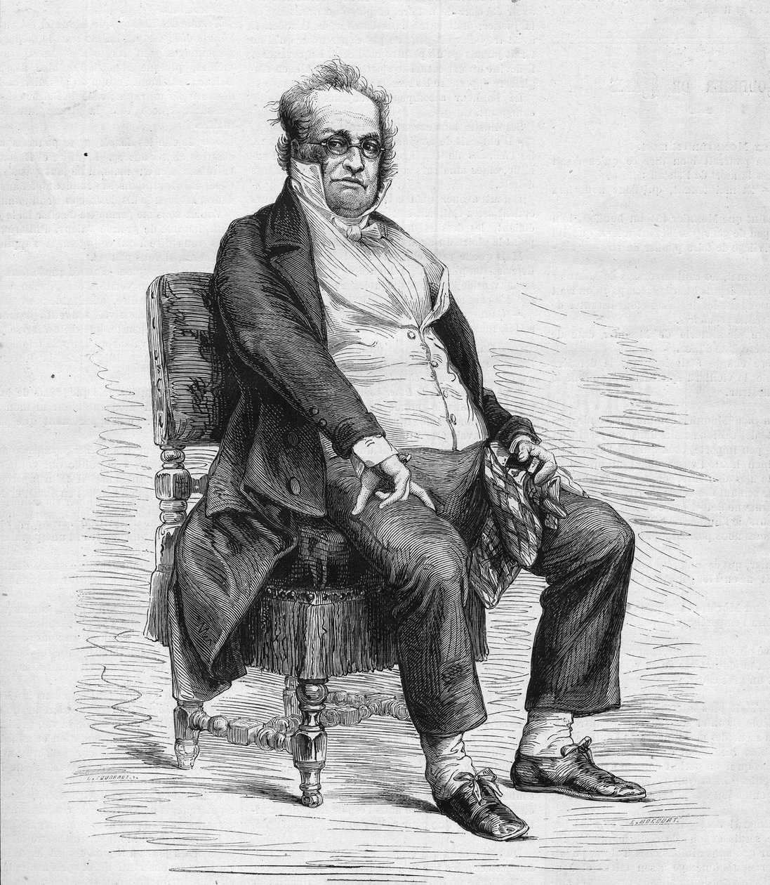 Porträt von Henry Monnier (1799-1877), französischer Dramatiker, Karikaturist und Komiker. Er ist als „Monsieur Prudhomme“ gekleidet, eine von Monnier erfundene Figur, eine Karikatur des französischen Bürgertums im 19. Jahrhundert. Gravur in „Le Monde Illu von French School