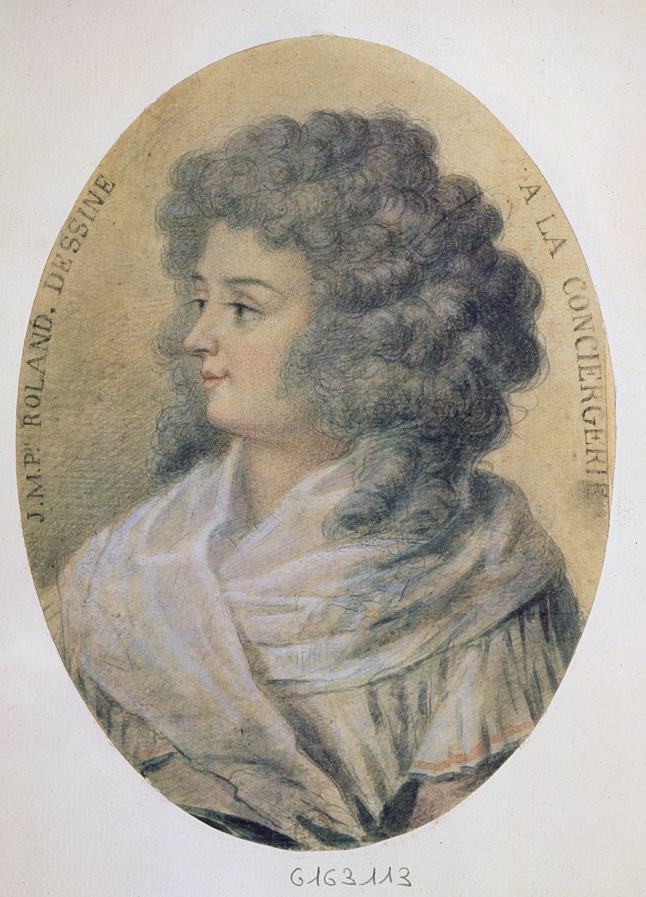 Porträt von Jeanne-Marie Roland de la Platiere (geb. Philippon) (1754-93) in der Conciergerie von French School