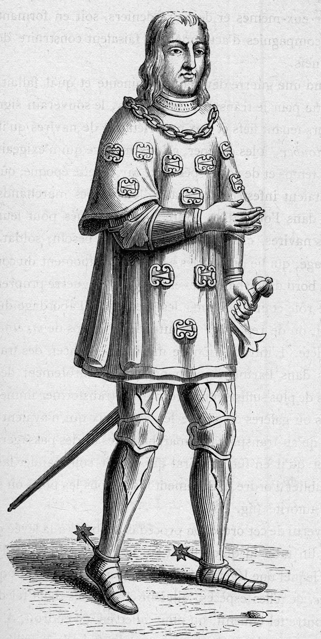 Porträt von Louis de Malet, Herr von Graville (ca. 1441-ca. 1519), Admiral von Frankreich im Jahr 1487, in Kriegs- und Turnierkostüm. Gravur in „La Marine et les colonies: commerce“ von French School