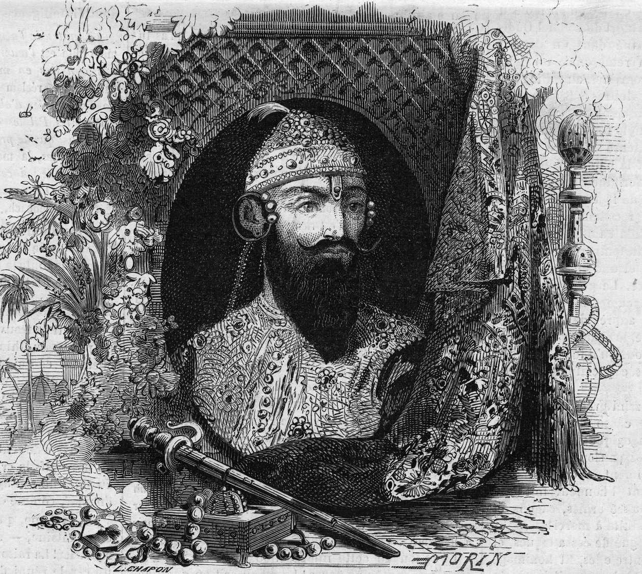 Porträt von Nana Saheb, Anführer des antikolonialen Aufstands der Sepoys in Indien. Gravur in „Le Monde Illustré“ Nr. 331 vom 15. August 1863 von French School