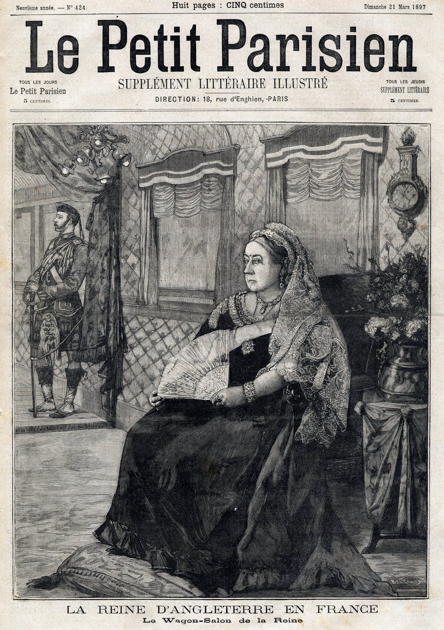 Porträt von Königin Victoria von England (1819-1901), reist durch Frankreich in ihrem Salonwagen. Titelseite der französischen Zeitung Le Petit Parisien. 21. März von French School