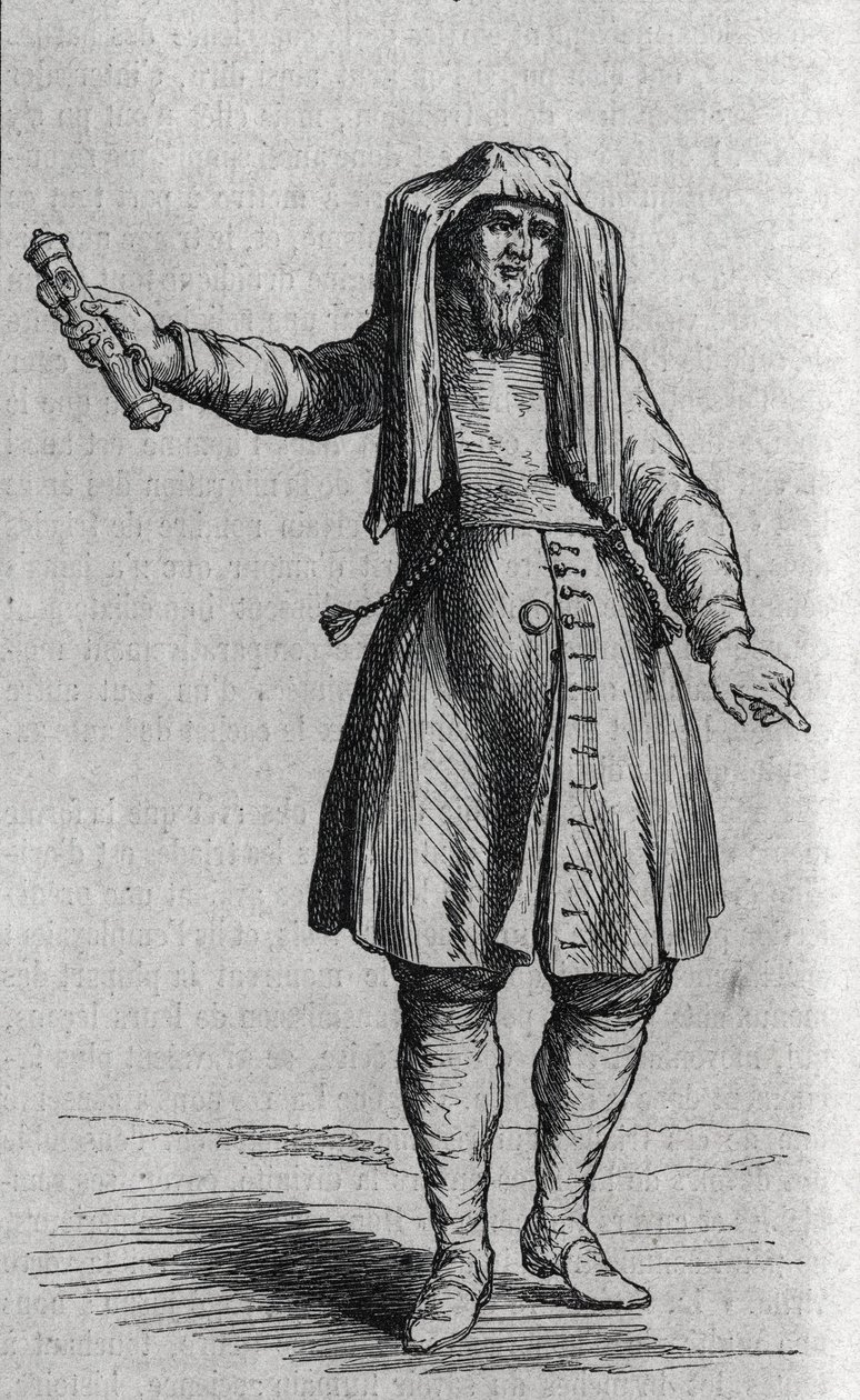 Porträt eines jüdischen Mannes, der die Mesusoth (Mezouzoth, Mezouzah, Mezouza) hält. Gravur in „Le Magasin Pittoresque“ von French School
