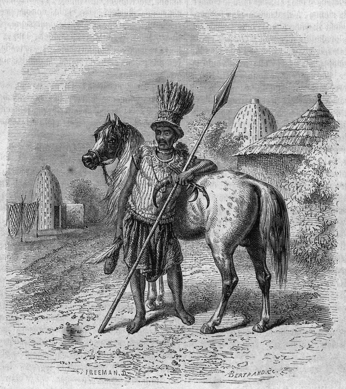 Porträt eines Anführers des Mousgou-Stammes in Zentralafrika, Mitte des 19. Jahrhunderts. Gravur von Freeman in „The Picturesque Magasin“ von French School