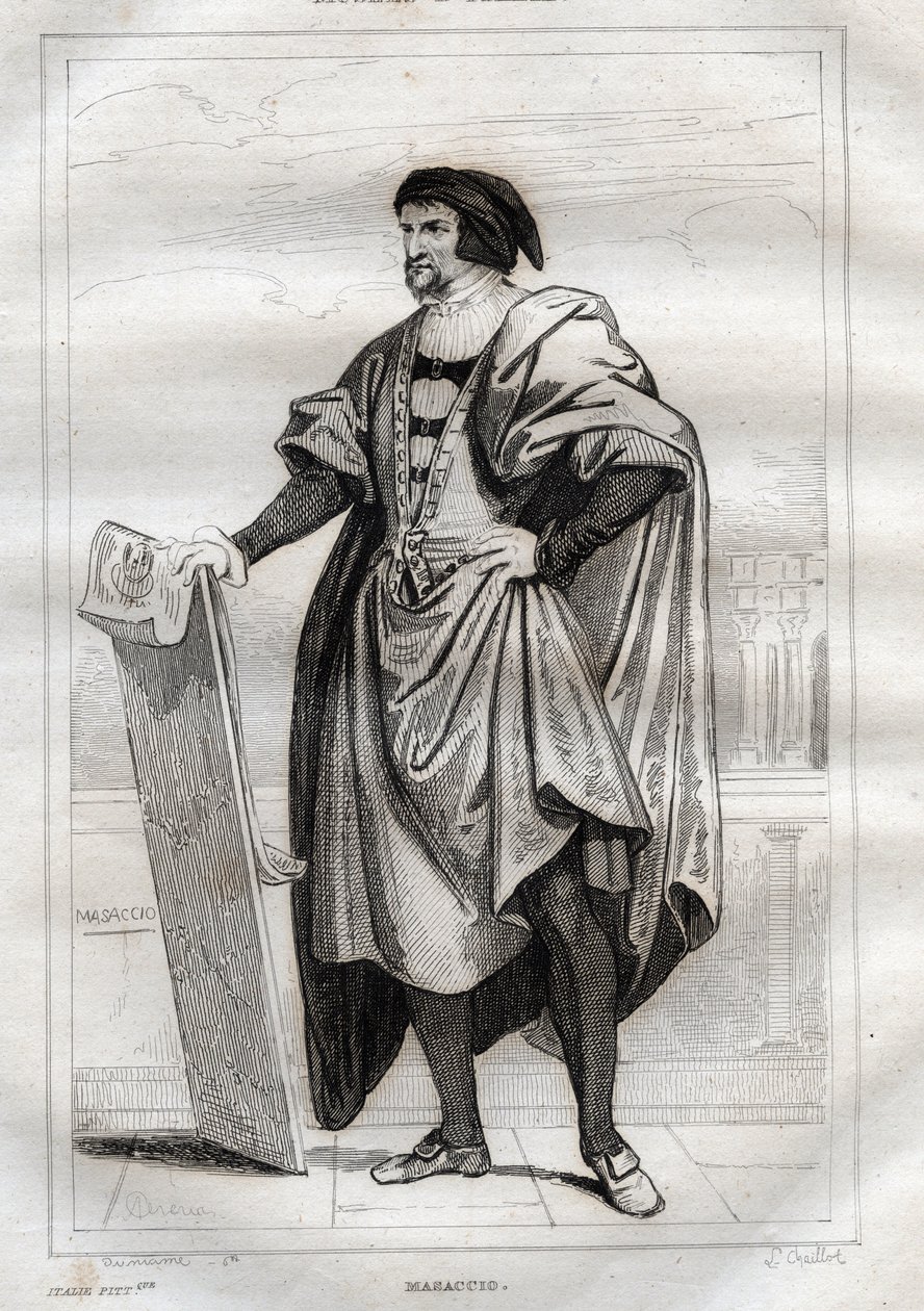 Porträt des italienischen Malers Masaccio (Tommaso di Giovanni Cassai) (1401-1428) - Gravur aus „Italy Picturesque - Historische und beschreibende Malerei Italiens“ von M. de Norvins, Ch. Nodier 1834-1836 von French School