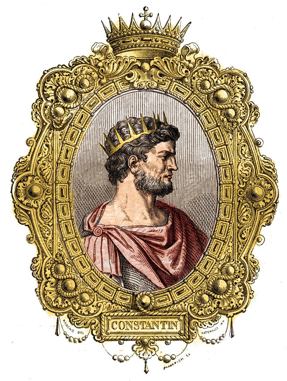 Porträt des römischen Kaisers Konstantin I. der Große (274-337). Stich in „Histoire des papes-rois-reines-et-empereurs à travers les siècles“ von Maurice Lachatre von French School