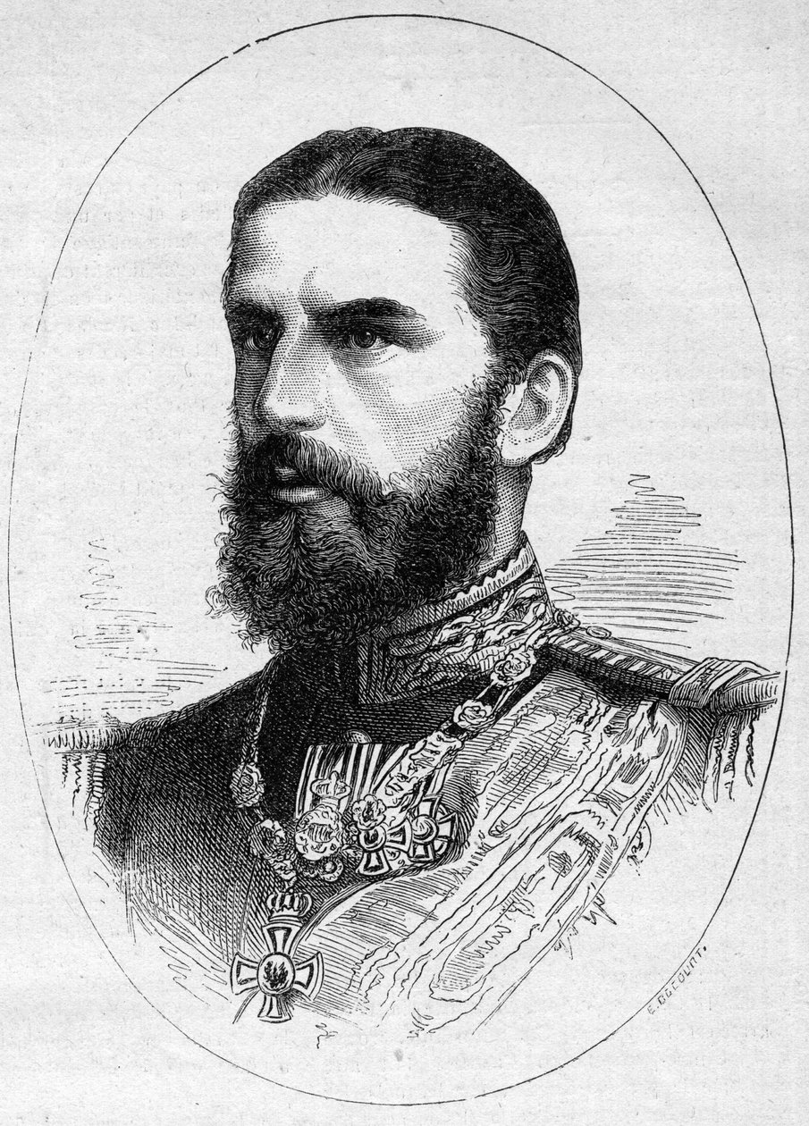 Porträt des Prinzen von Rumänien Charles de Hoenzolern Sigmaringer, zukünftiger König unter dem Namen Charles I. (Carol I). Gravur in „Le Monde Illustré“ Nr. 1054 vom 23. Juni 1877 von French School