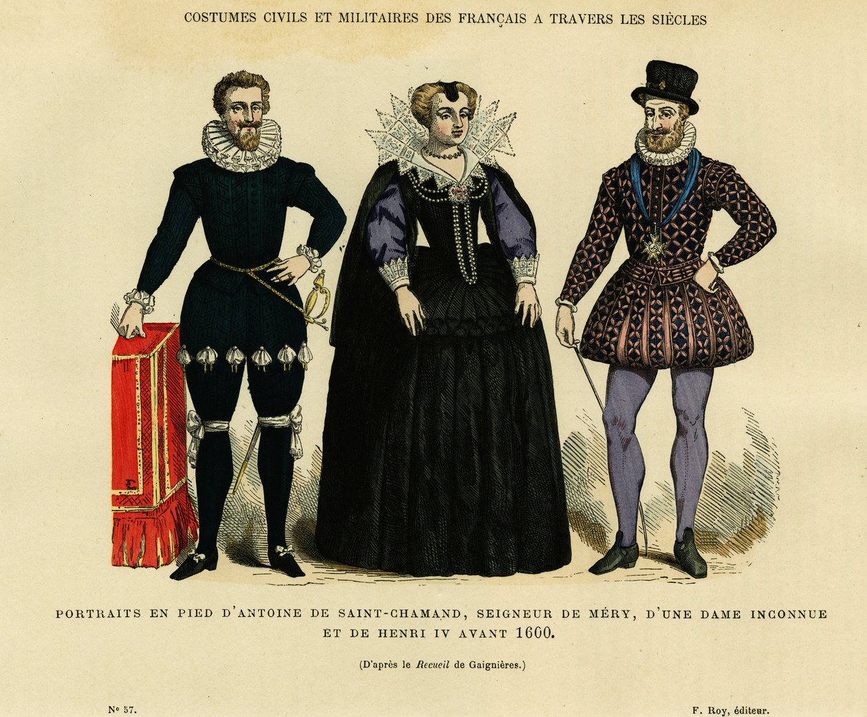 Porträts vor 1600, von Antoine de Saint Chamand, Herr von Mery sur Oise, und von König Heinrich IV. von Frankreich (1553-1610), umgeben von einer unbekannten Frau. Farbstich nach der Zeichnung von Gaignieres, in „Frankreich und die Franzosen durch die Jahr von French School