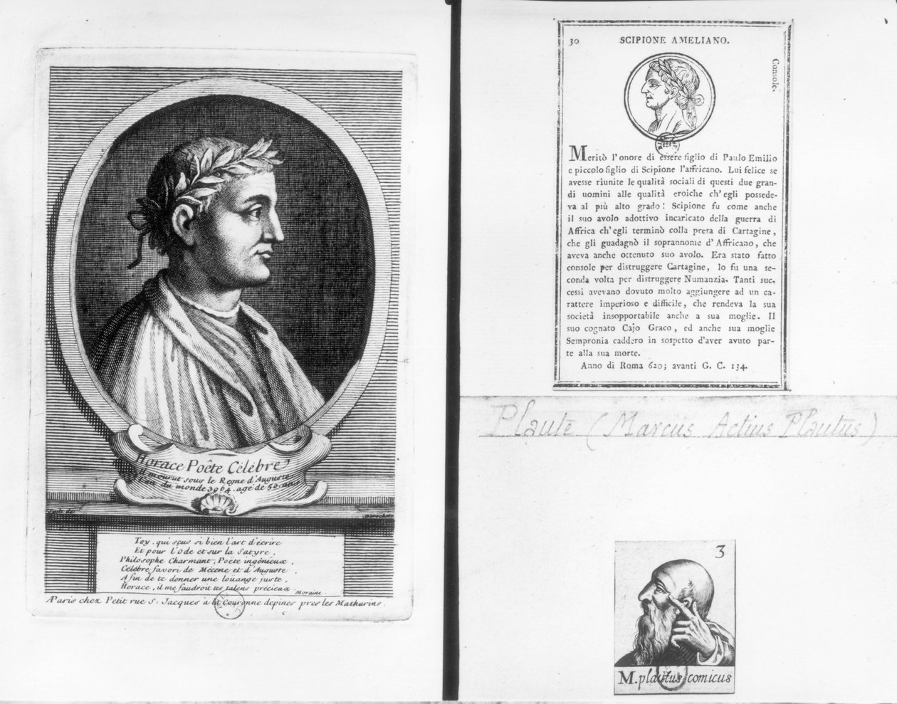 Porträts von Horaz (65-8 v. Chr.), Scipio Aemilianus (Africanus Minor) (185-129 v. Chr.) und Plautus (ca. 254-184 v. Chr.) von French School