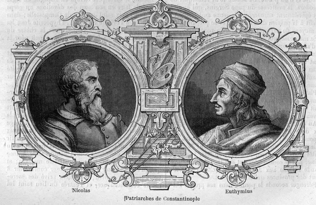 Porträts von Nikolaus dem Mystiker (10. Jahrhundert) und Euthymius von Athos (955-1028), Patriarchen von Konstantinopel. Gravur in „Histoire des Papes-Rois-Queen and Empereurs à travers les siècles“ von Maurice Lachatre von French School
