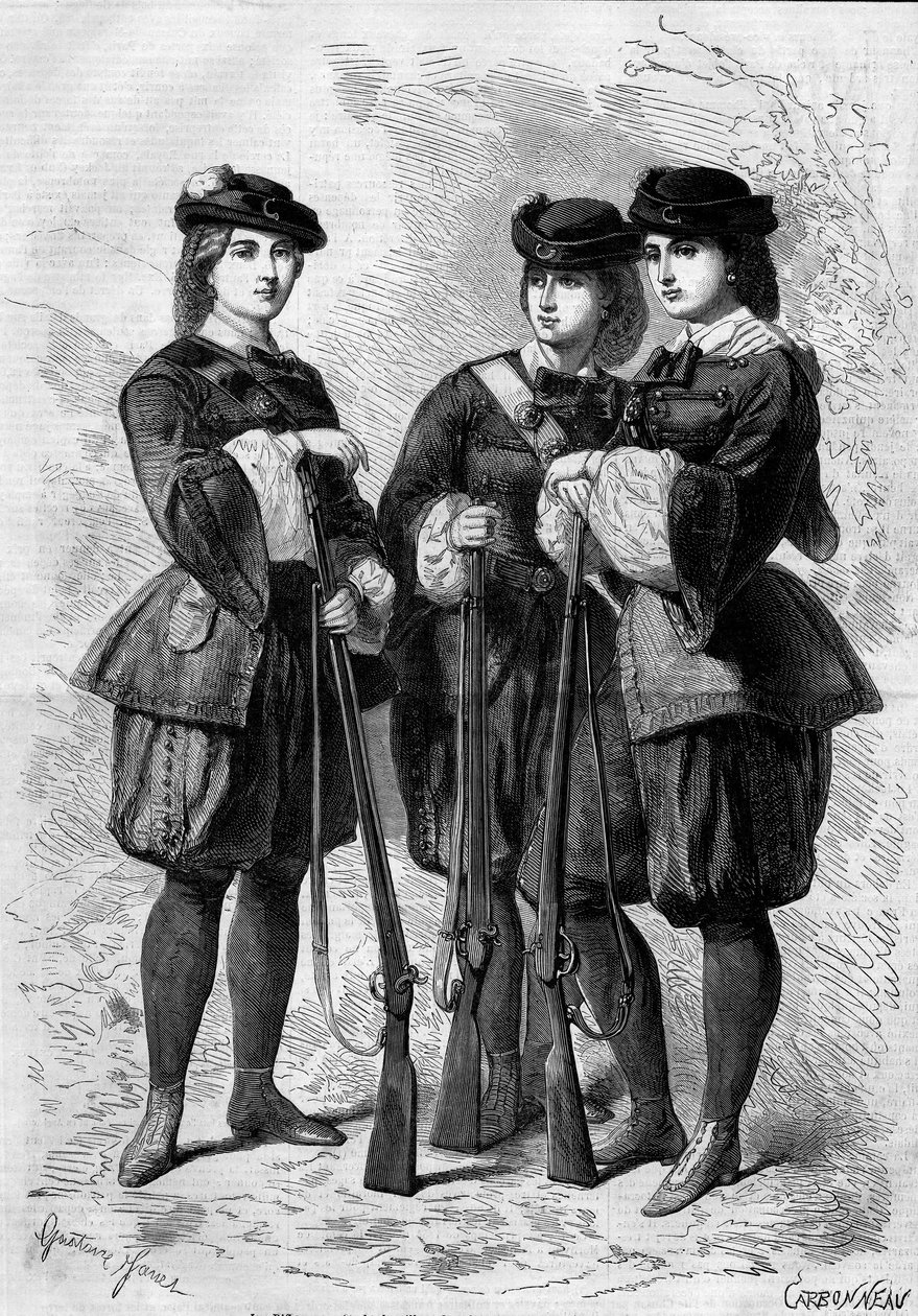 Porträts von Schützinnen: Bataillone weiblicher Freiwilliger in England. Gravur in 