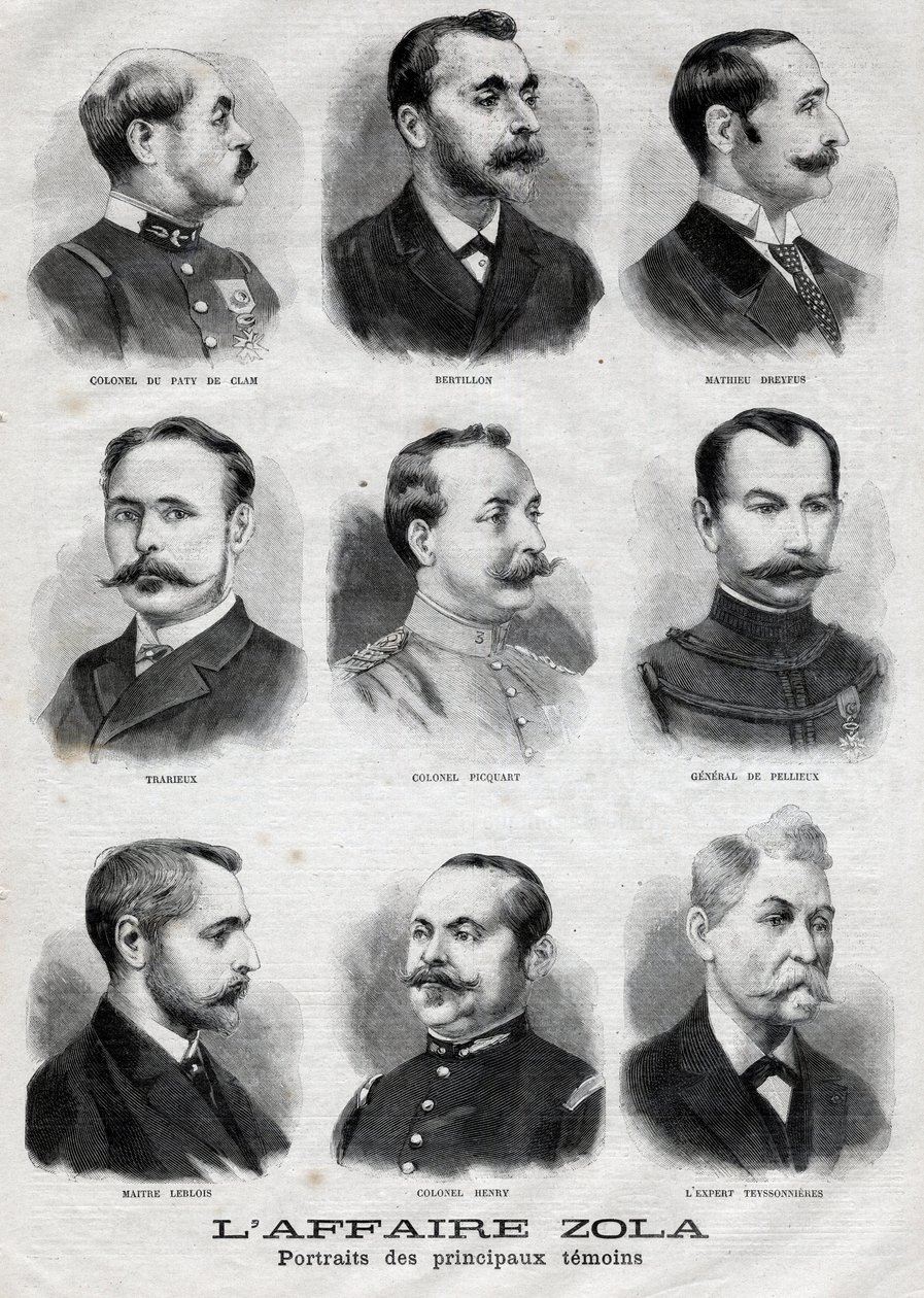 Porträts der Hauptzeugen in der Dreyfus-Zola-Affäre in „Le Petit Journal“, 27. Februar von French School