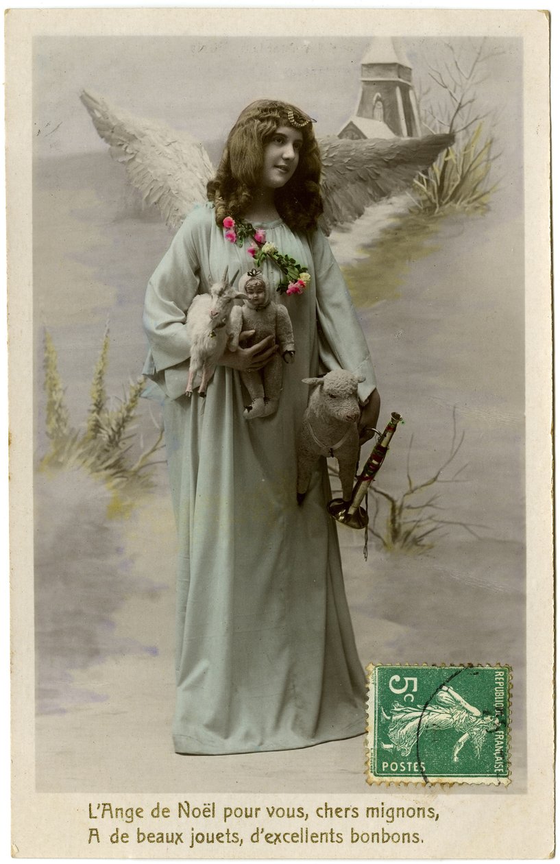 Postkarte: Der Weihnachtsengel für dich, lieber Süßer, hat schöne Spielsachen, ausgezeichnete Süßigkeiten von French School