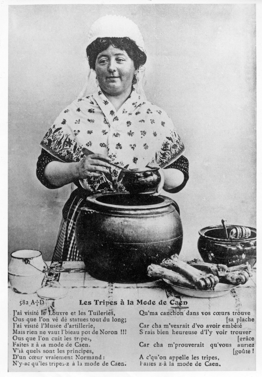 Postkarte zum Lob des traditionellen klassischen normannischen Gerichts Tripe à la Mode de Caen von French School