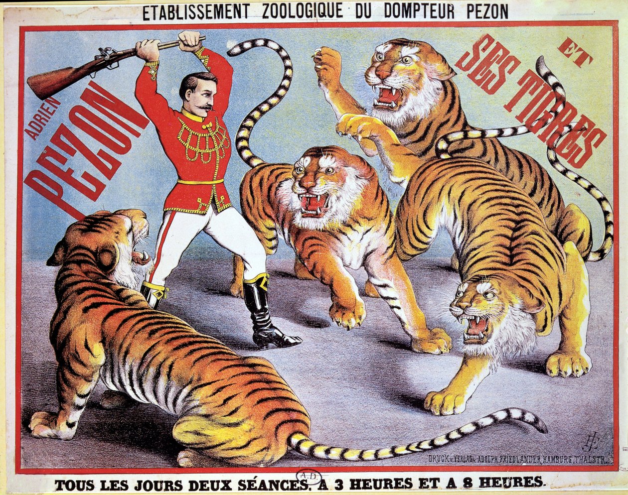 Plakat, das Adrien Pezon und seine Tiger bewirbt, ca. 1897 von French School