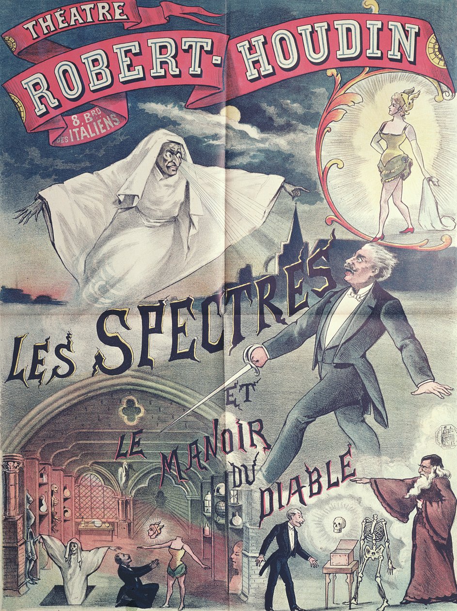 Plakat, das Geister und das Haus des Teufels im Théâtre Robert-Houdin, Paris, ca. 1870 bewirbt von French School