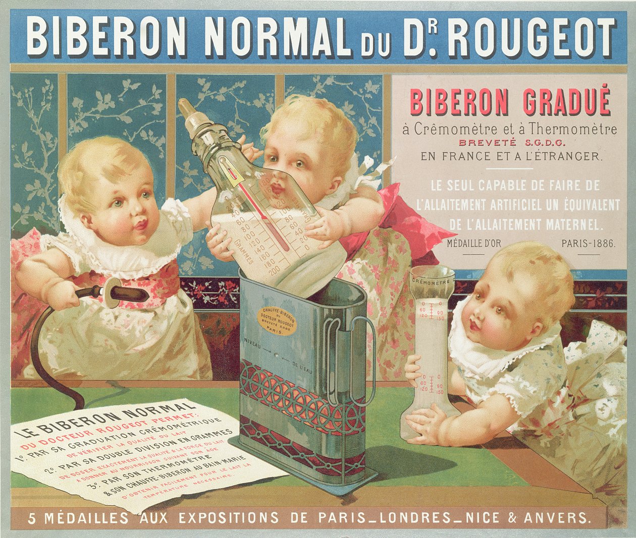 Plakat, das eine von Dr. Rougeot entworfene abgestufte Flasche bewirbt, 1887 von French School